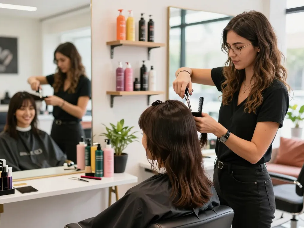 Cabeleireiro feminino: uma estilista feminina cortando cabelos de forma habilidosa em um salão moderno iluminado por luz natural.