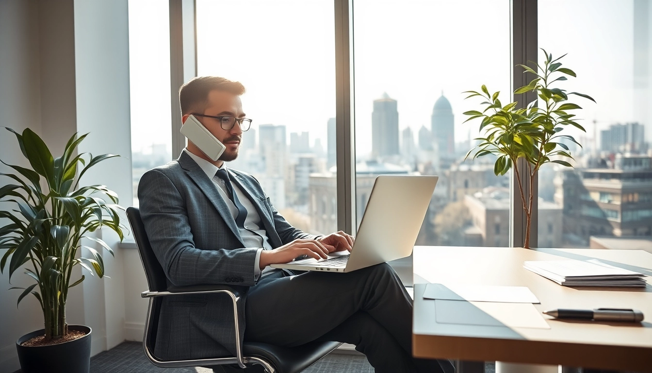 Headhunter Berlin in einem modernen Büro, Telefonat führend.