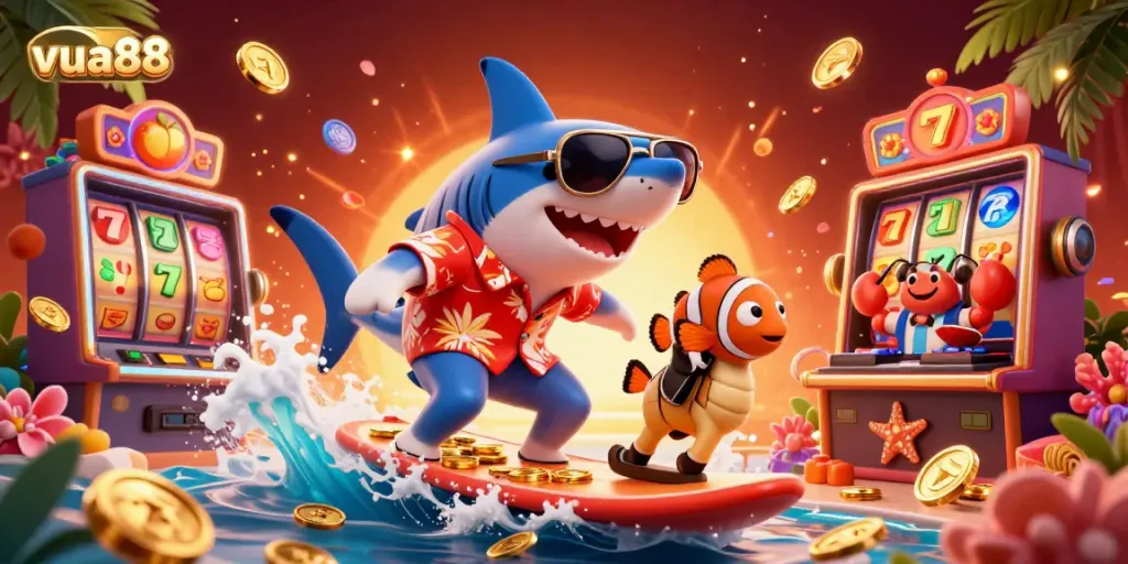 Engage in thrilling gameplay at vua88, where a shark in a Hawaiian shirt surfs gold coins alongside vibrant casino elements.