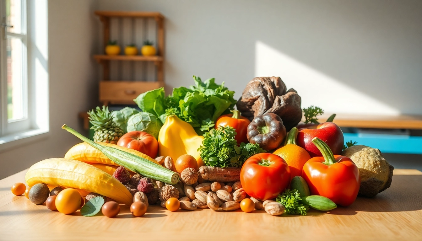 Gesunde Mahlzeit für den Gewichtsverlust mit frischem Gemüse und Obst ansprechend arrangiert.