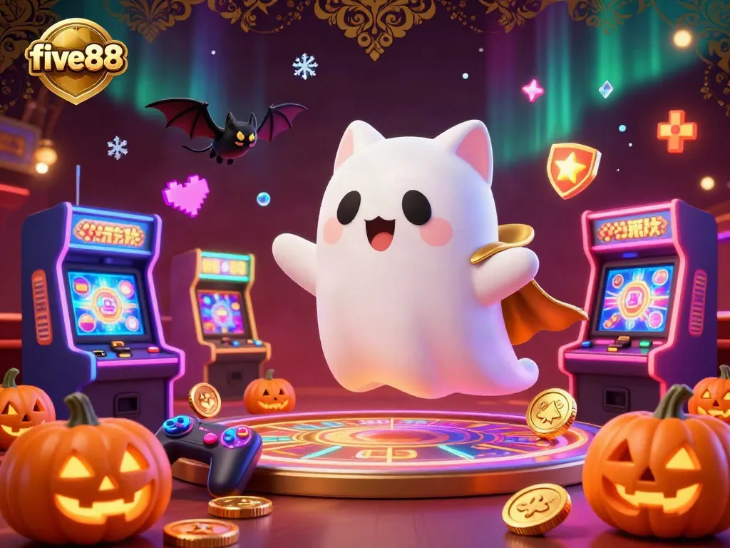 Experience the excitement of five88 with a lively casino scene featuring a friendly ghost cat and vibrant game elements.