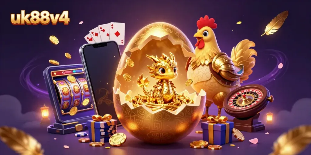 Experience the thrill of winning at uk88v4 with a vibrant dragon gold scene surrounded by exciting casino elements.