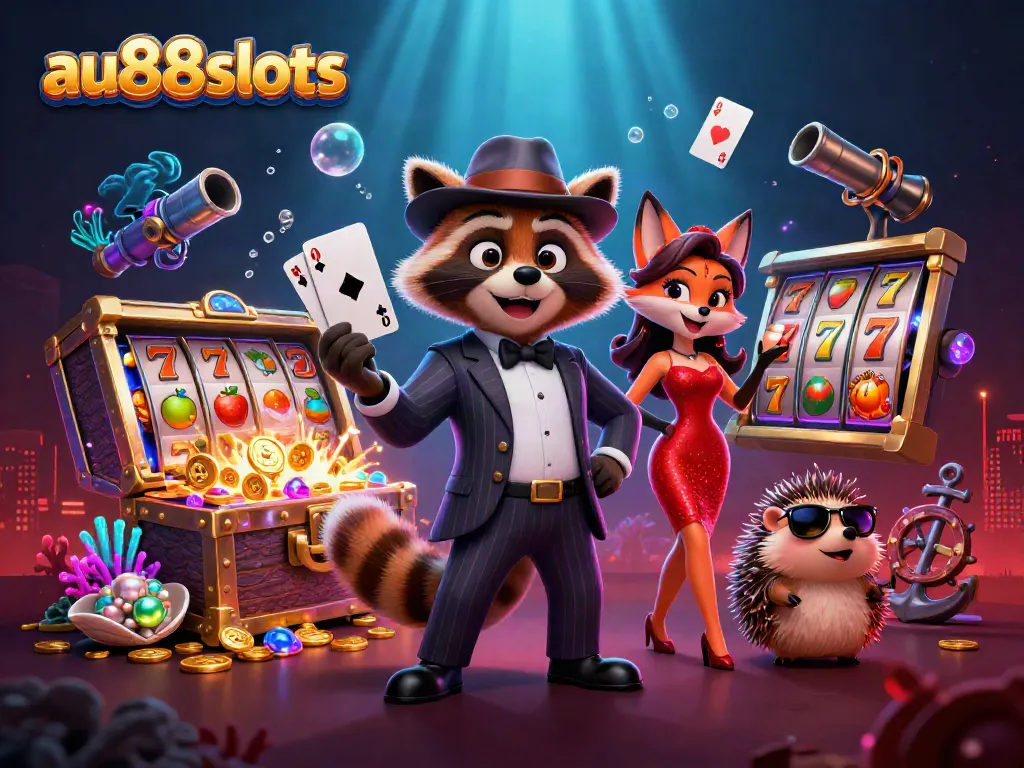 Experience thrilling wins at au88slots with a vibrant casino scene featuring animated characters and vivid slot symbols.