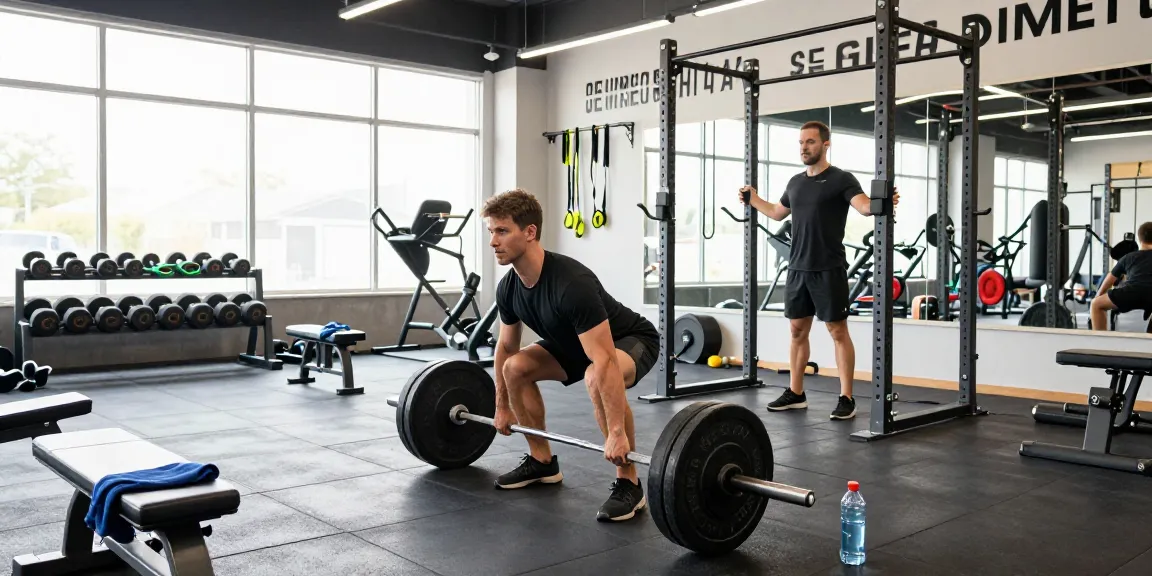 Man lifting weights in a modern gym atmosphere at Anabolika Shop.