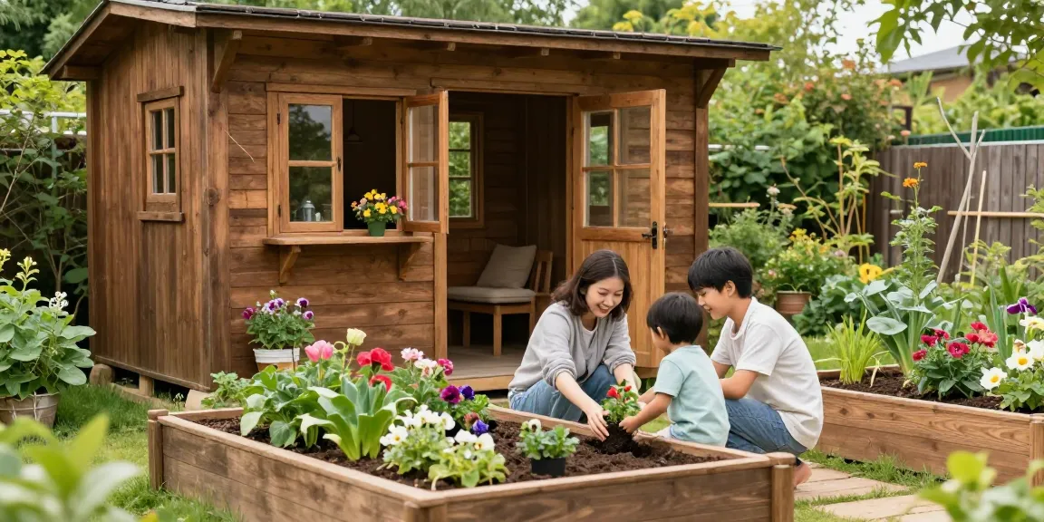Wunderschönes Gartenhaus aus Holz mit einer Familie, die im Garten arbeitet und Pflanzen pflanzt.