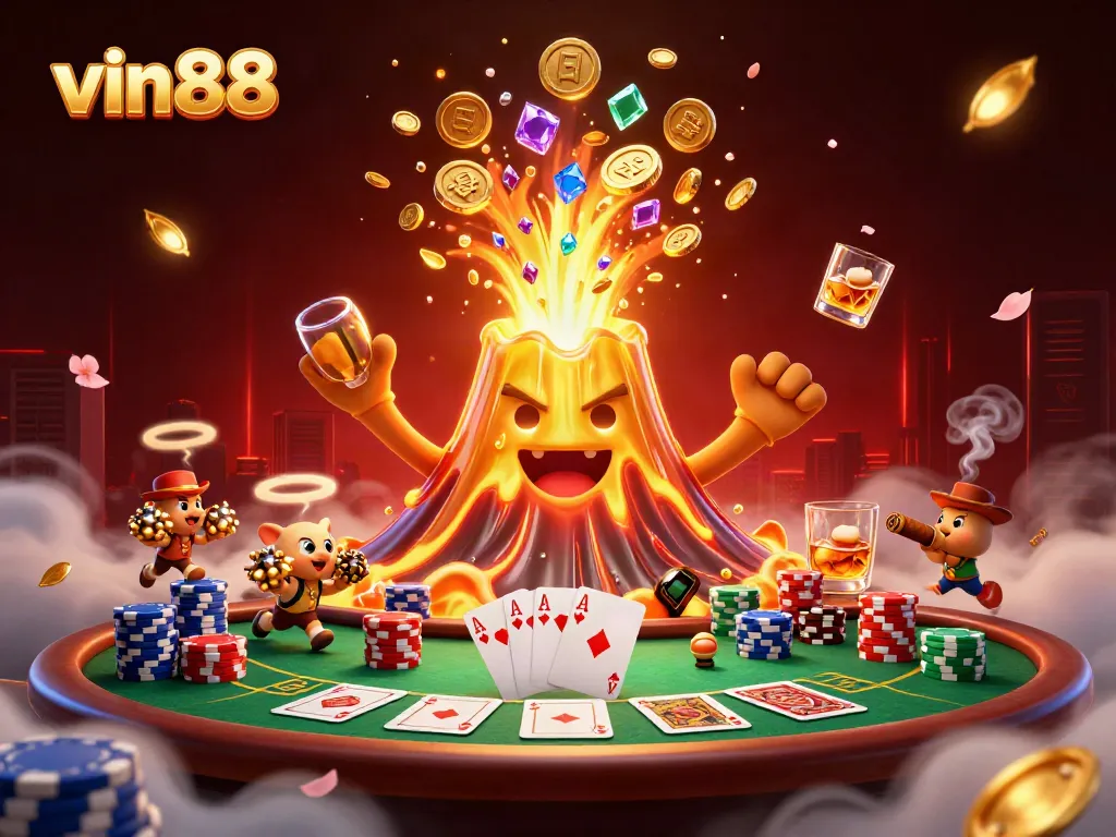 Experience thrilling wins at vin88 with a vibrant 3D illustration depicting a volcanic treasure eruption, poker excitement, and dynamic gameplay.