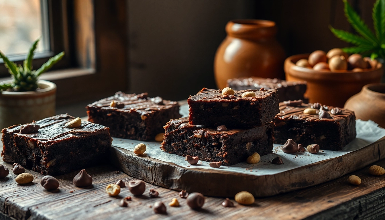 Leckere thc brownies auf einem Holztablett, strahlend schokoladig und frisch zubereitet.
