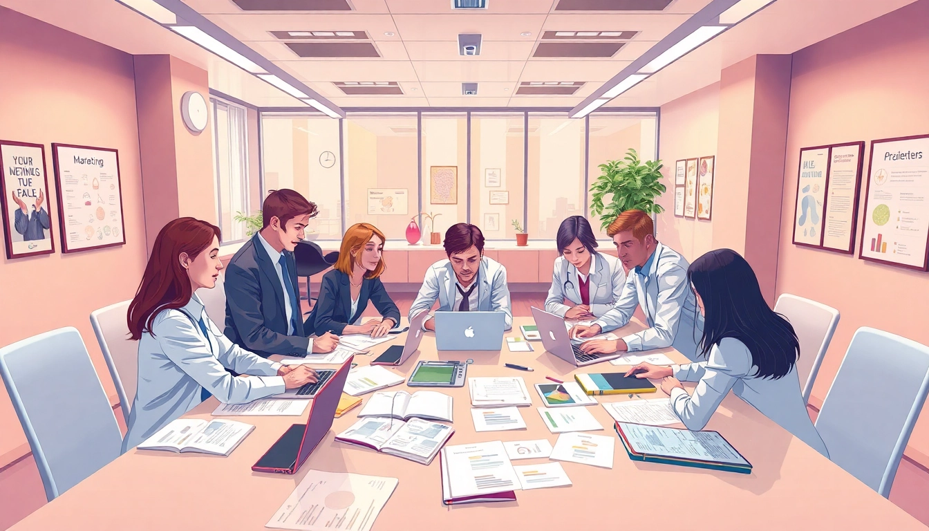 Capture a diverse team brainstorming innovative strategies at a pflegemarketing agentur office.
