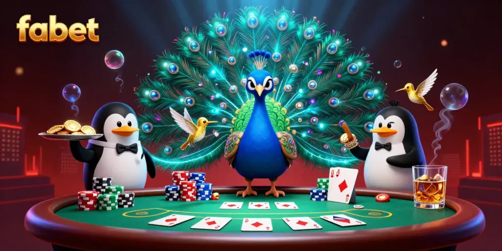 Experience the vibrant world of fabet with an aristocratic peacock and gambling elements in a dynamic casino scene.