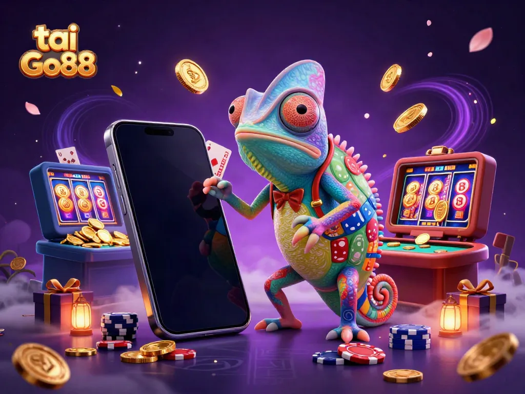 Experience the vibrant gaming atmosphere of tai Go88 with a colorful chameleon casino owner.