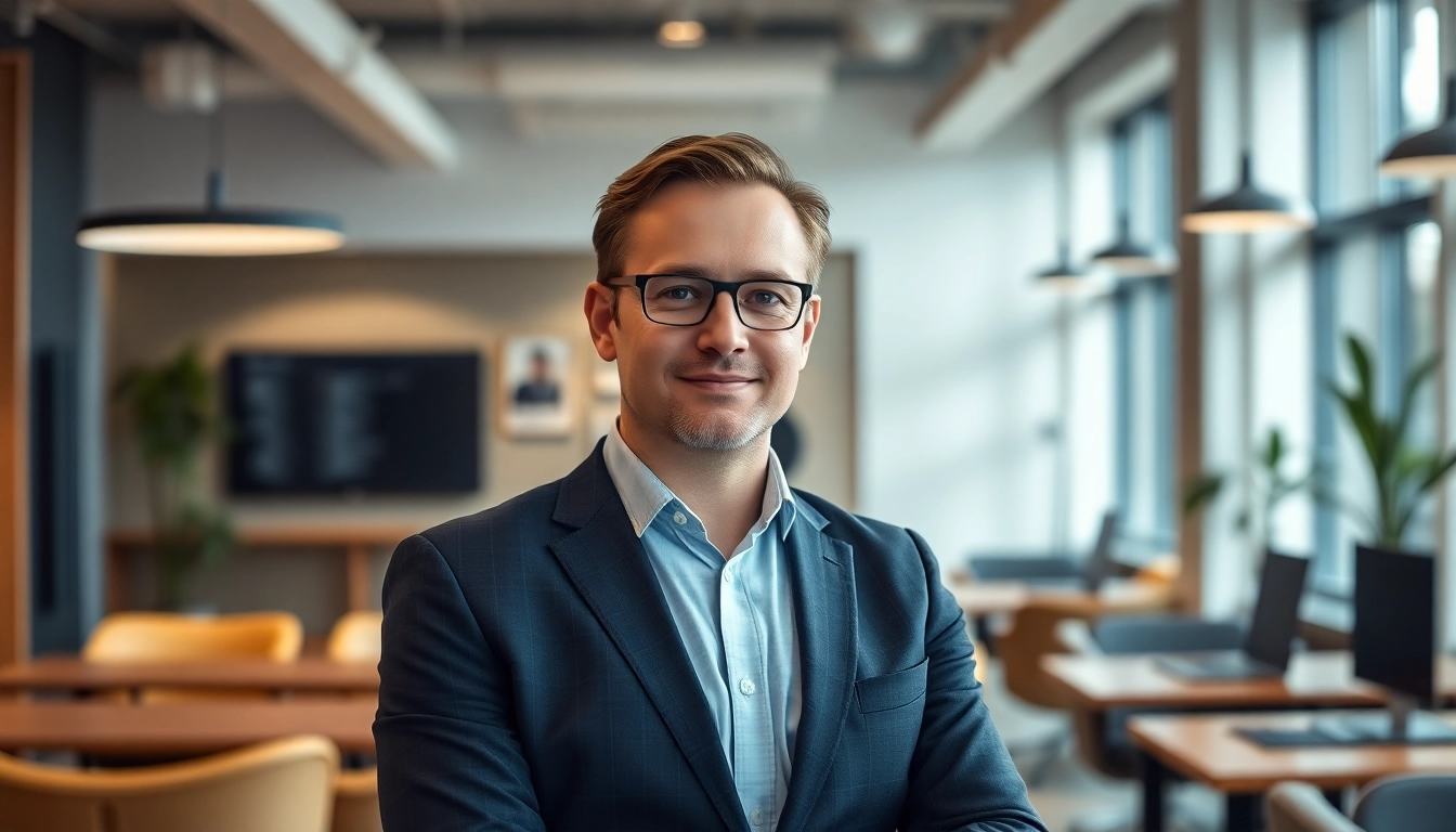 Professionelles Business Portrait München eines selbstbewussten Unternehmers in moderner Büroatmosphäre.