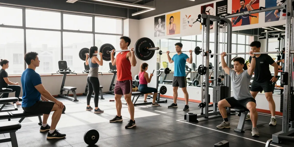 Aktive Sportler im Astera Shop Fitnessstudio, die Gewichte heben.