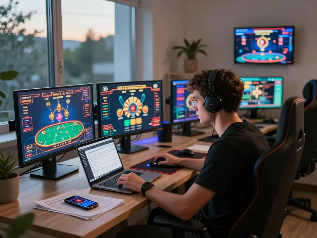 Engaging online gambler strategizing and playing poker using https on multiple screens in a cozy home setup.
