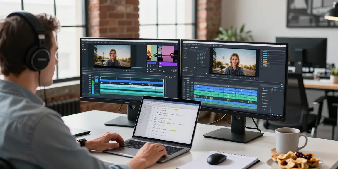 Effizienter Untertitel-Übersetzer im modernen Video-Bearbeitungsstudio mit kreativer Atmosphäre.