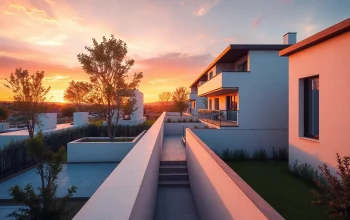 Detailreiche visualisierung architektur einer modernen Wohnanlage bei Sonnenuntergang mit lebendigen Farben und realistischen Schatten.