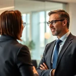 Headhunter spricht mit einem Kandidaten in einem modernen Büro, um Talente zu rekrutieren.