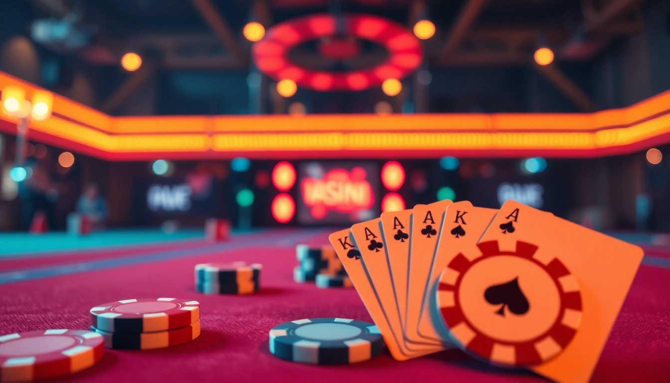 Erlebe die Aufregung des casino online mit bunten Spielkarten und Chips in einer lebhaften Casino-Atmosphäre.