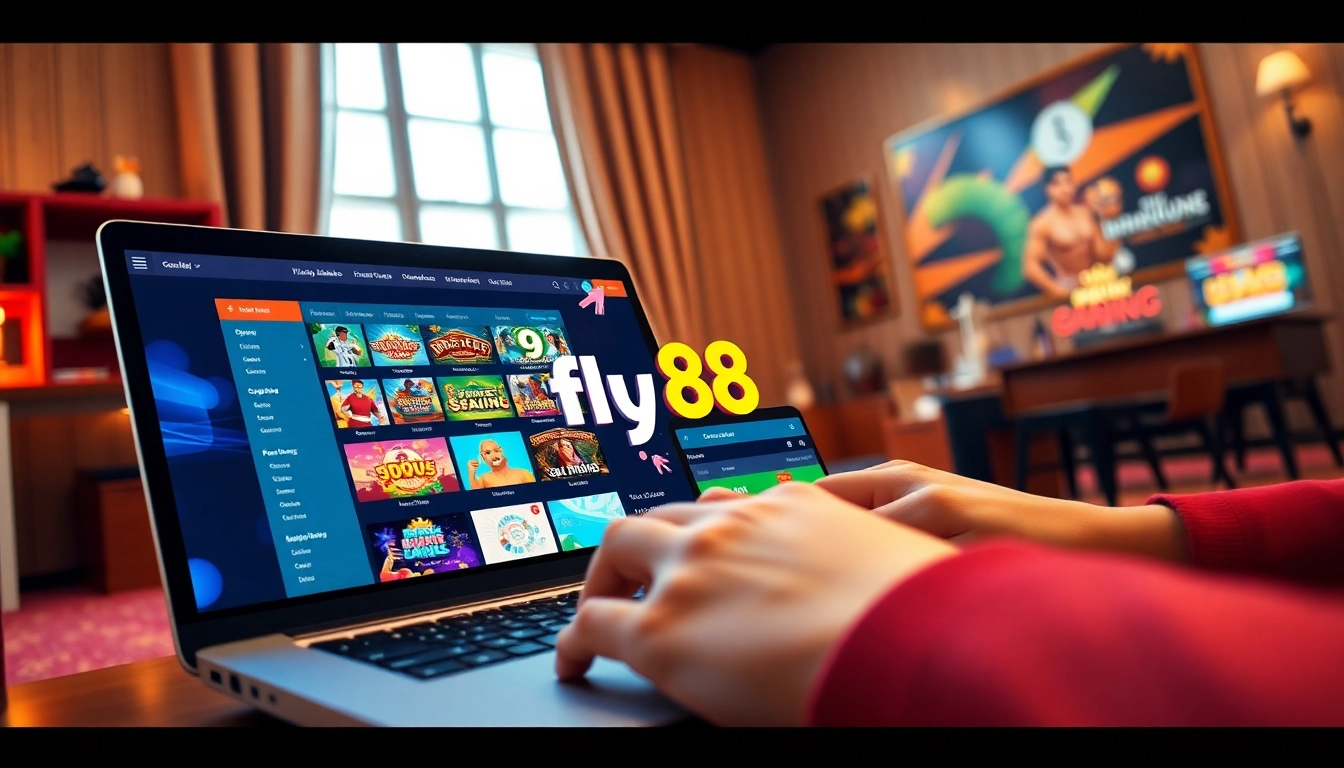 Engaging online betting interface showcasing fly88 đang nhập with a user interacting on a laptop.