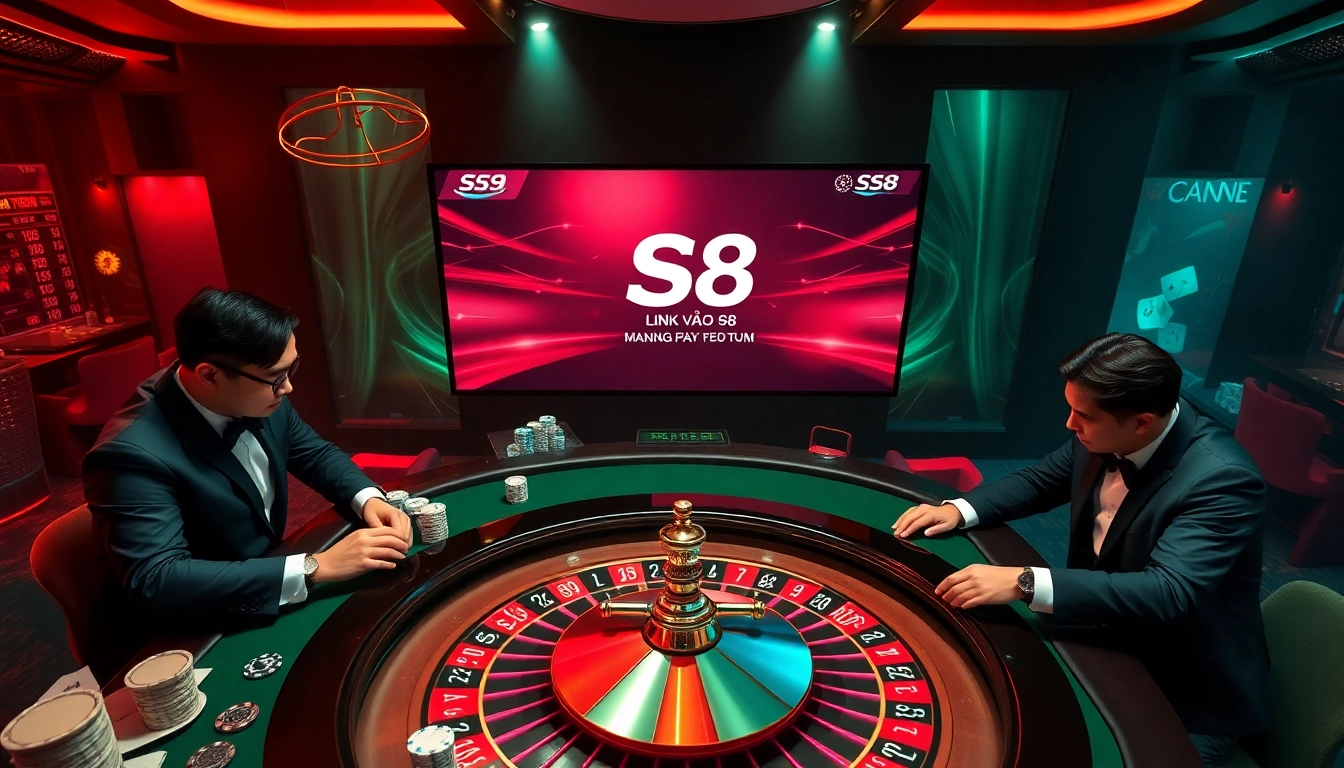 Engaging gambling scene illustrating Link Vào S8 with poker chips and roulette, capturing high-stakes excitement.