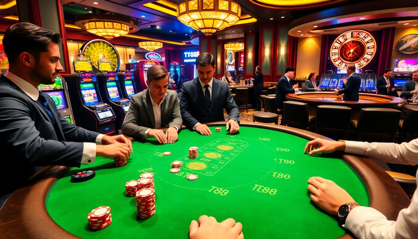Experience thrilling poker at TT88 with an exciting casino scene filled with vibrant tables and players.