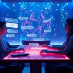 AI slut character engaging in playful chat within a futuristic lounge, highlighting innovative AI interactions.