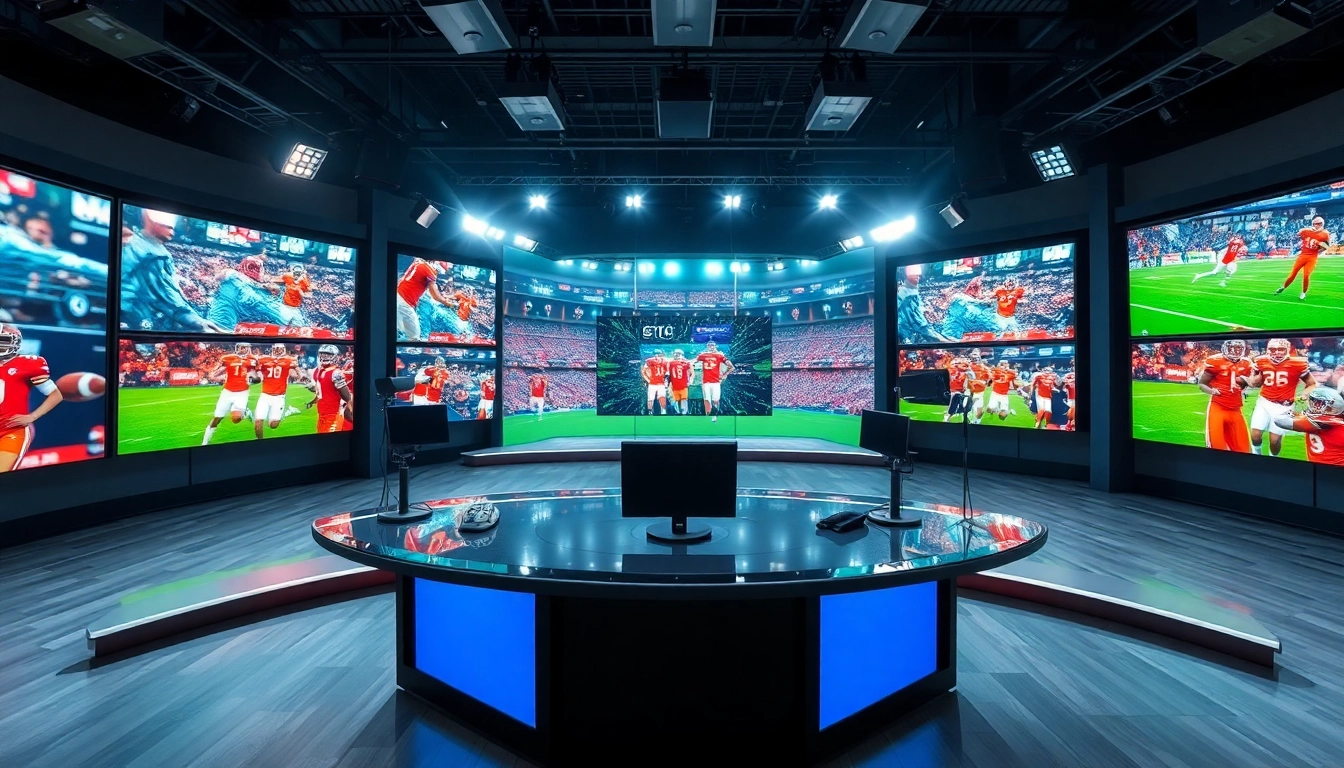 Engaging sports broadcasting setup with hosts, screens, and dynamic live sports content.