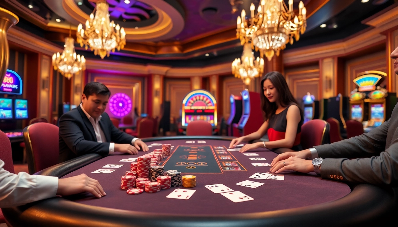 U888 players strategizing at a luxurious casino poker table with colorful chips.