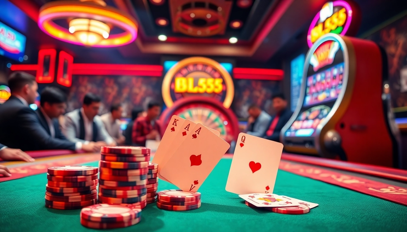 Players strategize at a vibrant poker table showcasing BL555, enhancing the excitement of casino gaming.