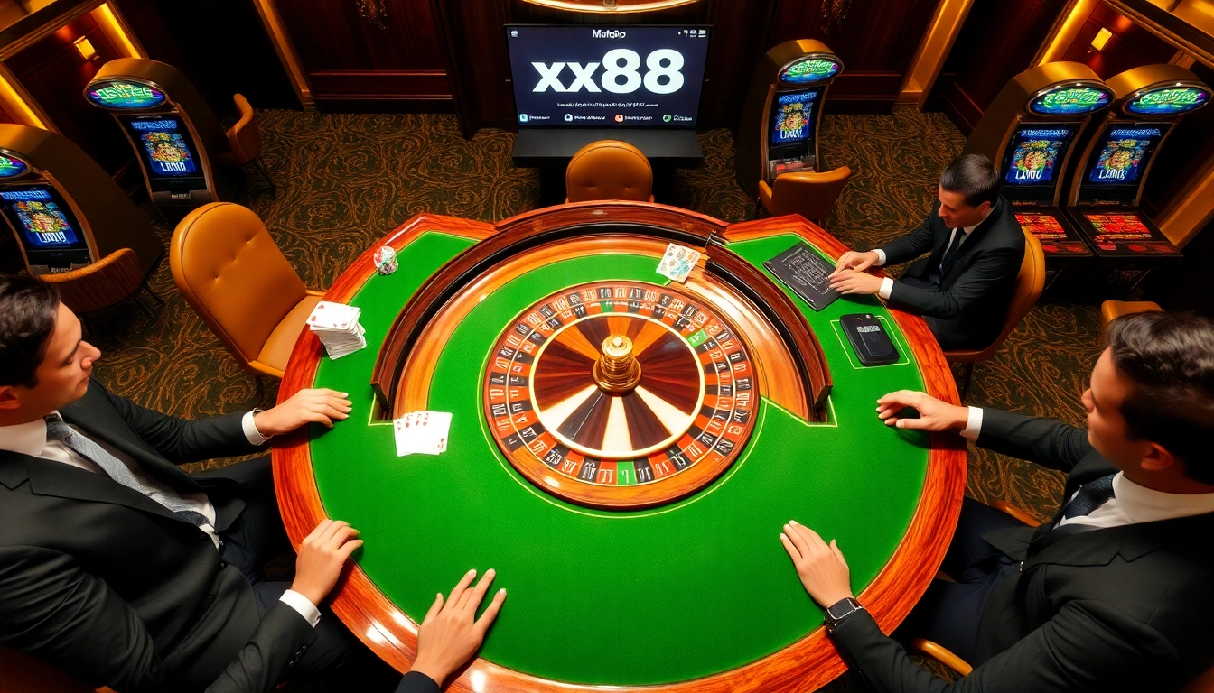 Engage in strategic gaming at https://xx88.pizza/ with an elegant casino setting and players at the roulette table.