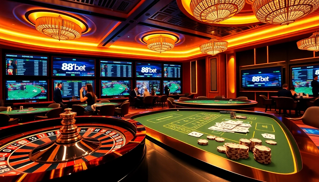 Experience the thrill of betting with 88i bet in a captivating online casino atmosphere featuring cards, chips, and a roulette wheel.
