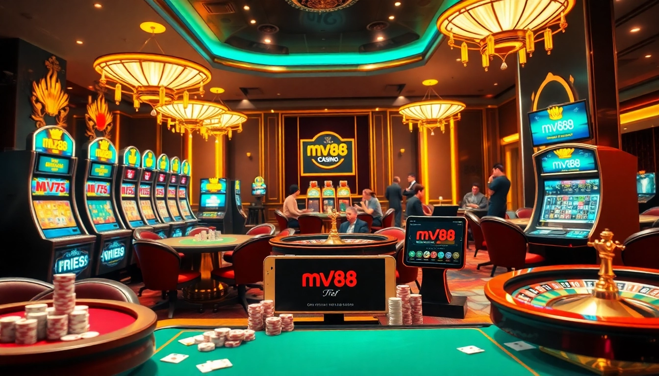 Players enjoying diverse gambling games at mv88 online casino, featuring vibrant tables and engaging atmosphere.