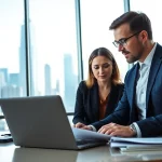 Headhunter IT berät ein IT-Talent in einem modernen Büro über Karrieremöglichkeiten.