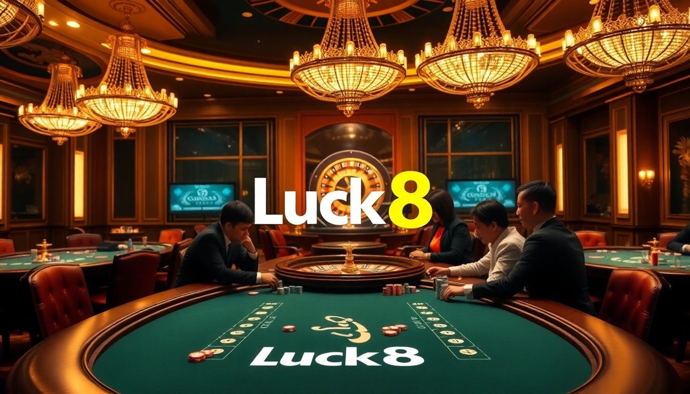 Exciting poker game at Nhà cái Luck8 with players and vibrant casino setting.