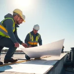 Flachdachsanierung FPO Planung während professioneller Installation auf einer Baustelle
