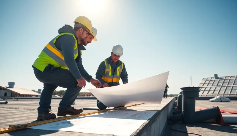 Flachdachsanierung FPO Planung während professioneller Installation auf einer Baustelle