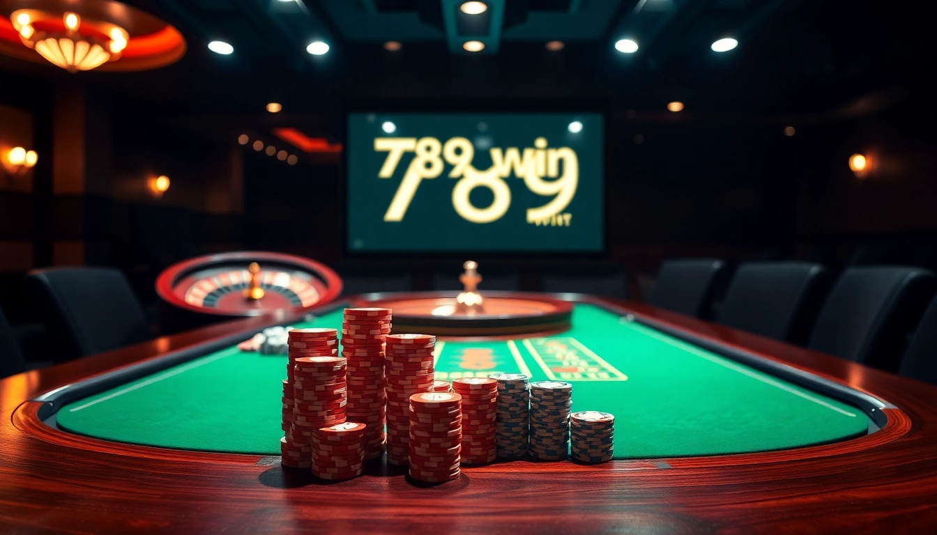 Experience thrilling excitement at the 789 win poker table with dazzling chips and a spinning roulette wheel.