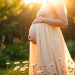 Schwangere Frau in schöner Babybauch Fotografie, umgeben von Blumen im Freien