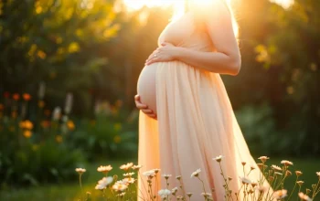 Schwangere Frau in schöner Babybauch Fotografie, umgeben von Blumen im Freien