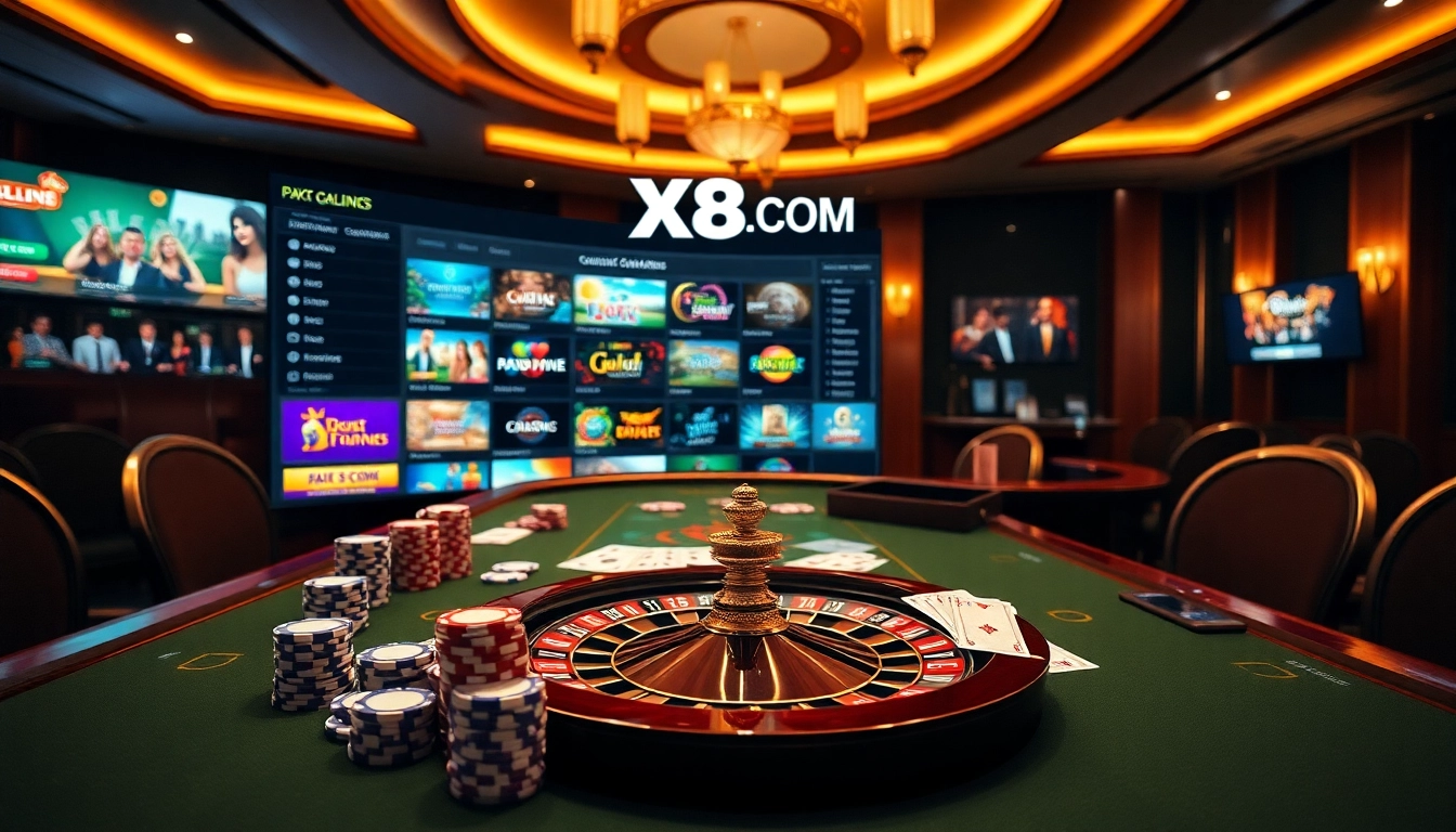 Experience the thrill of gaming at X88.COM with immersive casino visuals featuring poker and roulette.