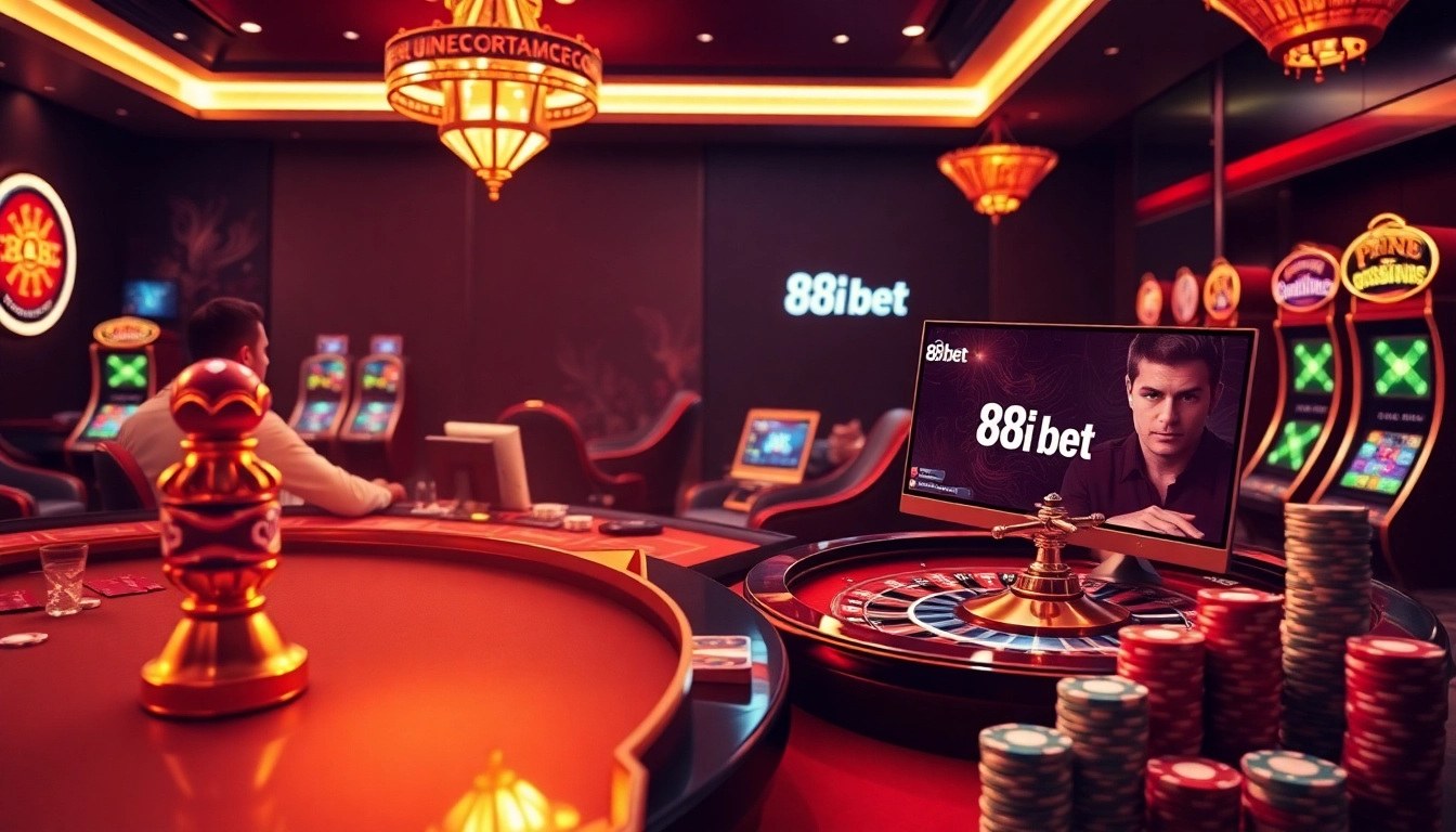 Experience the excitement of 88i bet with vibrant casino visuals featuring poker tables and roulette wheels.