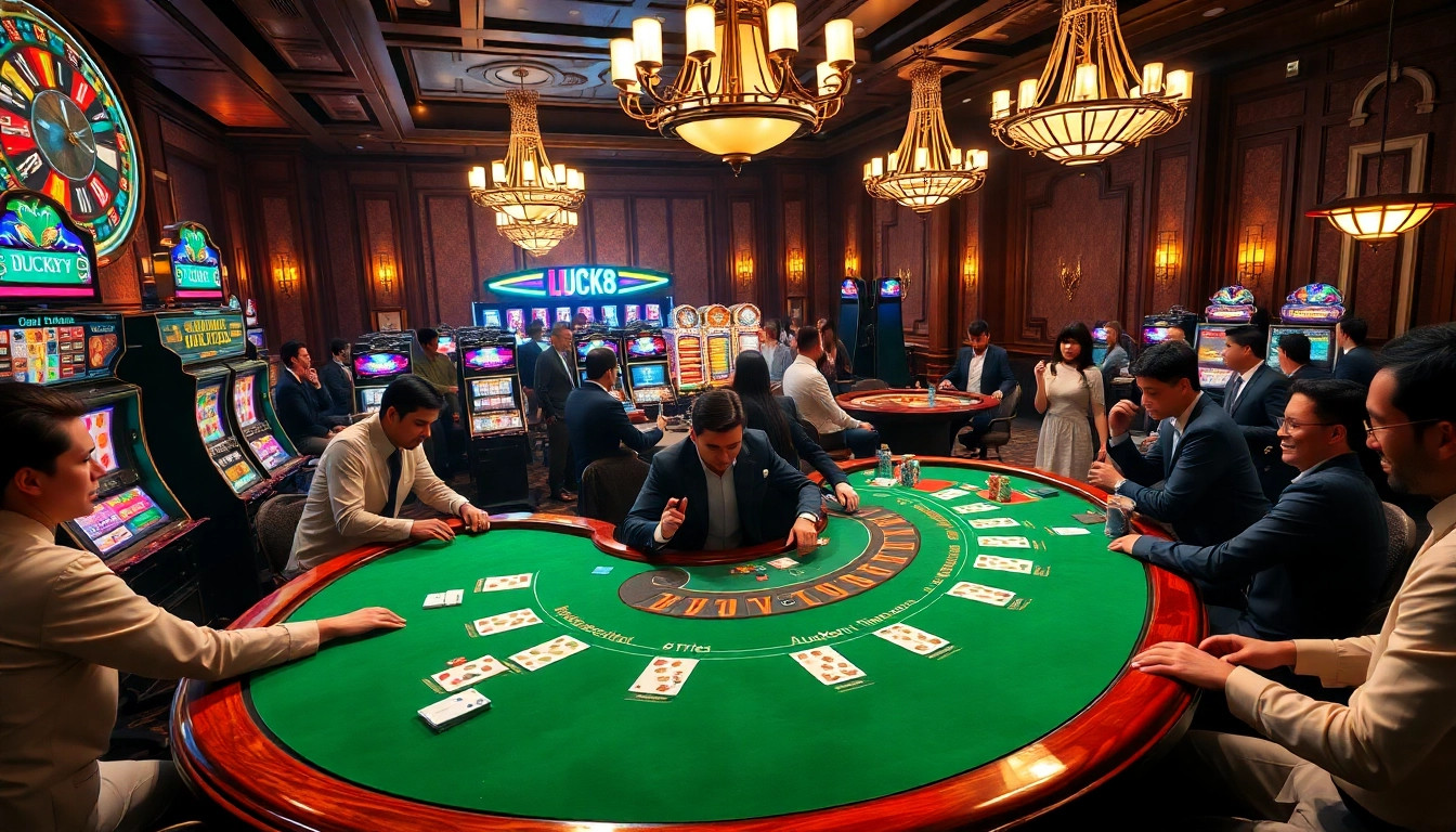 Người chơi tham gia trò chơi đầy hồi hộp tại casino LUCK8 với máy slot sáng màu và bánh xe roulette.