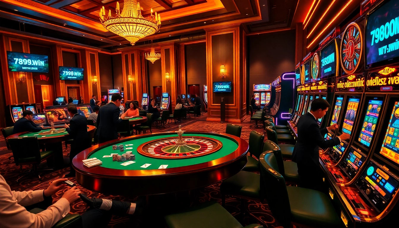 Gamblers enjoying a thrilling casino experience at https://789b.win/ with roulette and slot machines.