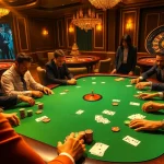 Poker players strategizing with hidden wiki onion elements in a luxurious casino environment.