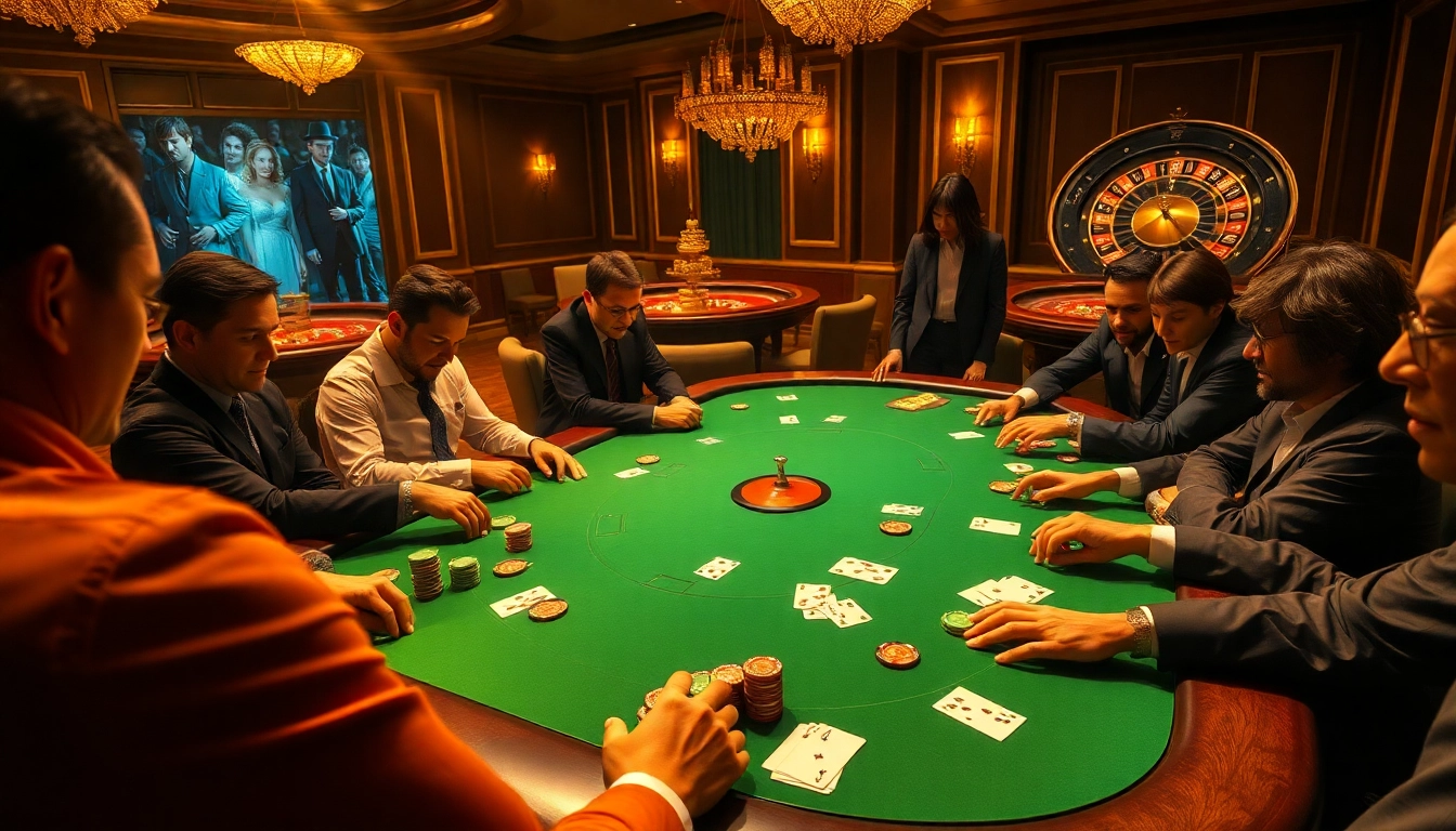 Poker players strategizing with hidden wiki onion elements in a luxurious casino environment.