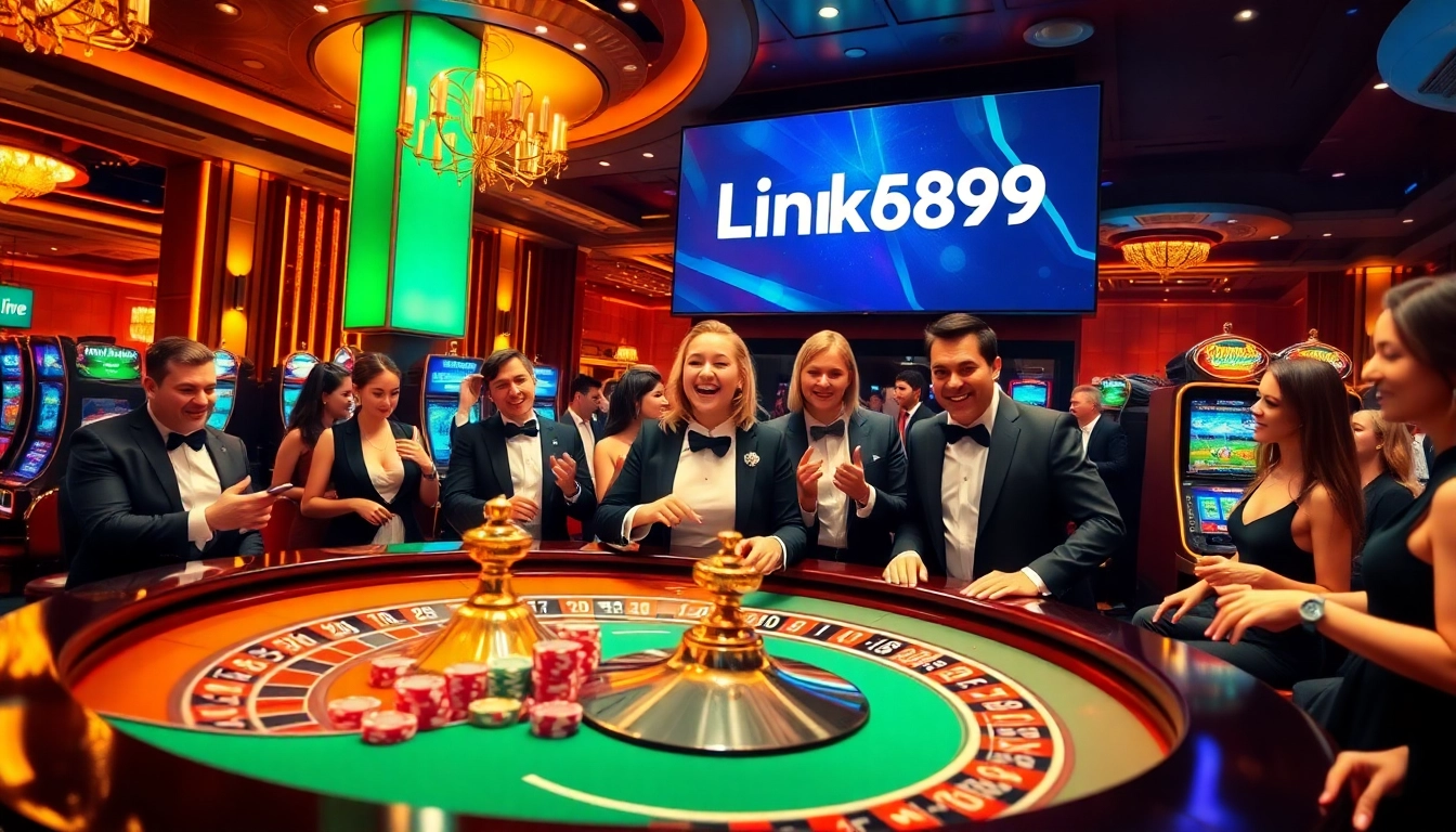 Experience the excitement of gambling at Link Alo789 with luxurious casino visuals showcasing live games and vibrant players.