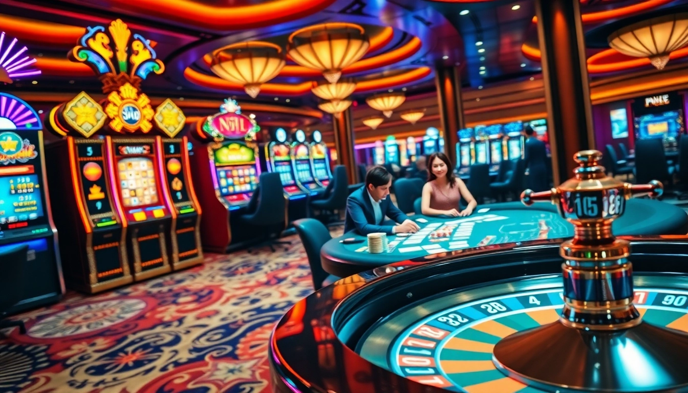 Nổ hũ slot machines and poker tables vibrate with excitement in a luxurious casino atmosphere.