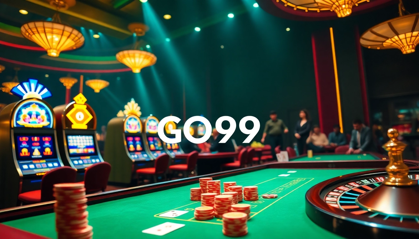 Experience GO99 Trang Chủ with luxury casino tables and vibrant slot machines.
