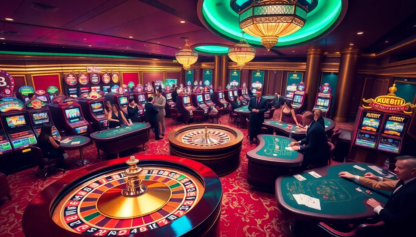Experience an exciting kubet11 casino atmosphere with vibrant gaming tables and roulette wheels.