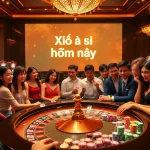 Xổ số hôm nay displayed on a luxurious casino backdrop with roulette and poker elements.