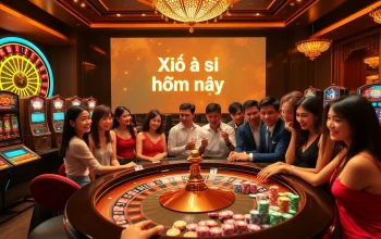 Xổ số hôm nay displayed on a luxurious casino backdrop with roulette and poker elements.